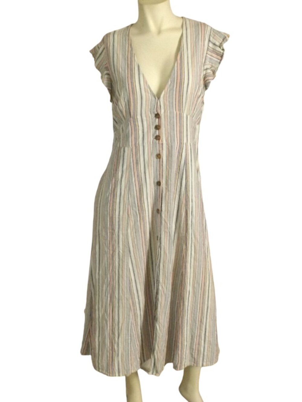 MARINE LAYER Midi Dress, L, Multicolor Stripes, Button front, Ruffle cap sleeve - Picture 10 of 15